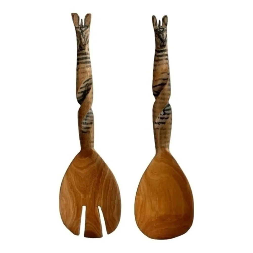 Set 2 Hand-Carved Zebra Wood Salad Serving Hands 11